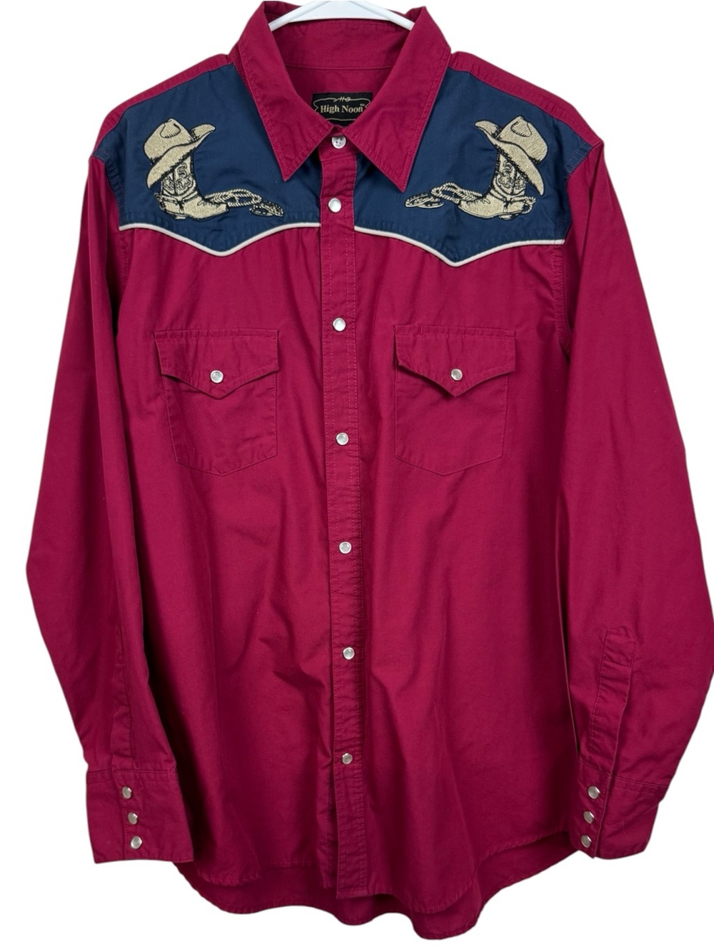 Vintage High Noon Embroidered Western Snap Shirt Large L Cowboy Boots Retro